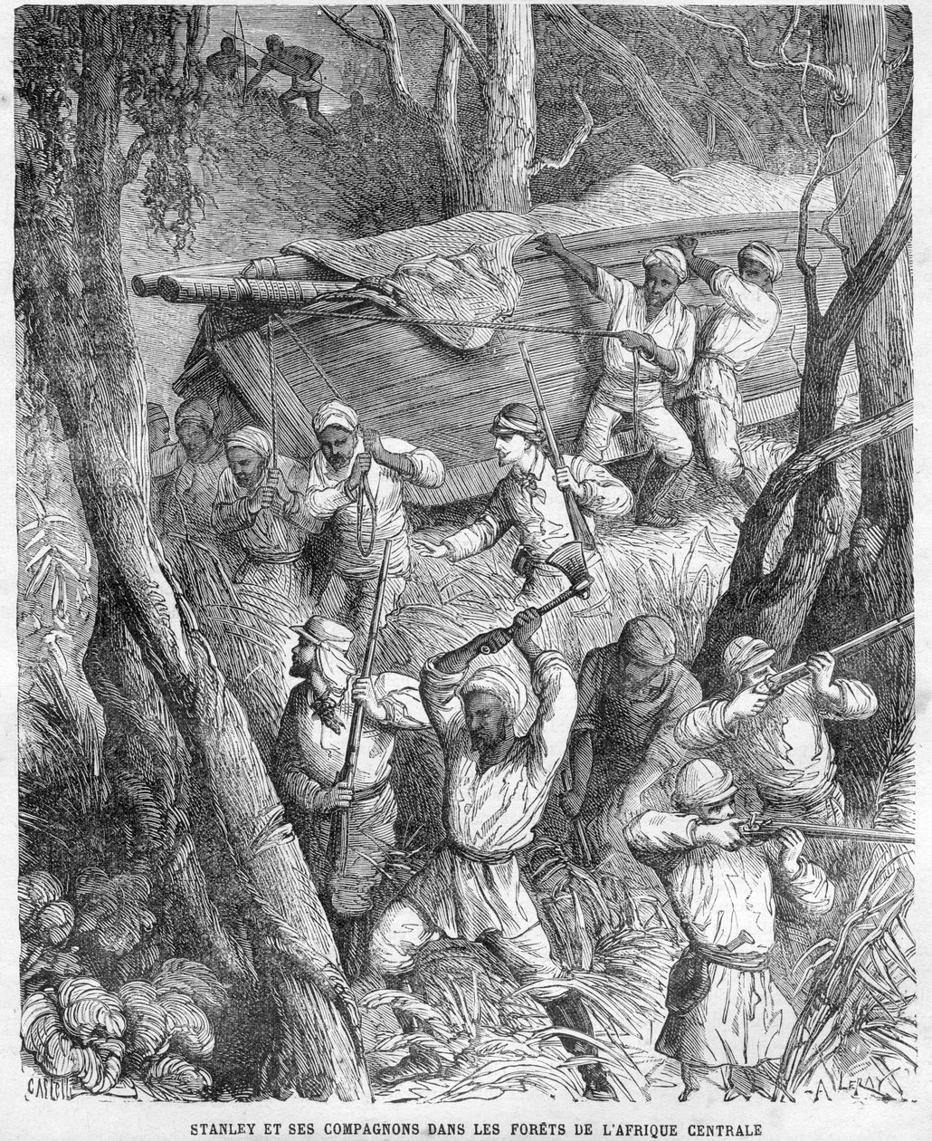 Stanley Afrikában - Stanley expedíciója Közép-Afrikába 1874-1877: Menetelés a dzsungelben - Fametszet Horace Castelli (1825-1889) rajza alapján. alkotó: Unknown artist