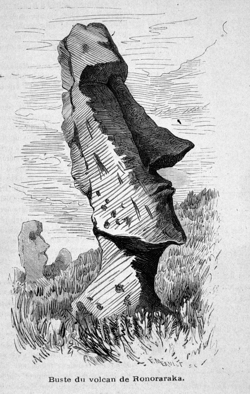A Ronoraraka vulkán lejtőjén elhelyezett szobor a Húsvét-szigeten (Rapa Nui). alkotó: Unknown artist