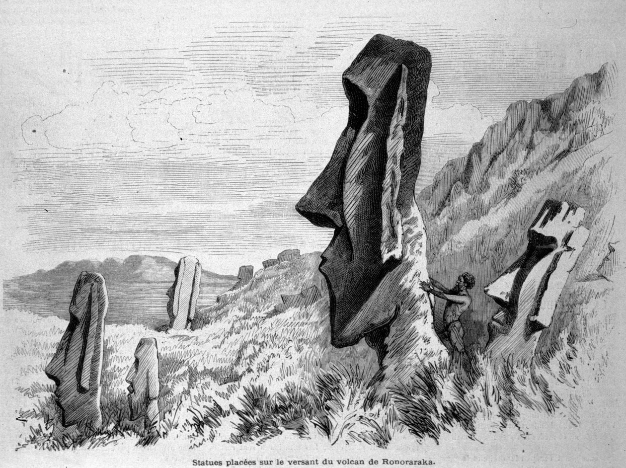A Ronoraraka vulkán lejtőjén elhelyezett szobrok a Húsvét-szigeten (Rapa Nui). Metszet 1871. alkotó: Unknown artist