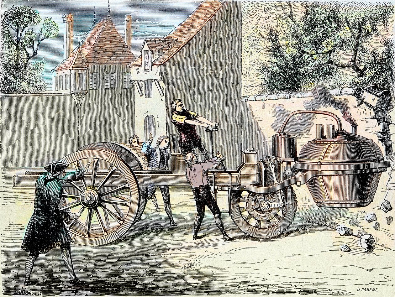 Nicolas Joseph Cugnot (1725-1804) által feltalált gőzüzemű autó, amely 1770-ben elvesztette az irányítást, és ledöntötte a fal egy részét (első jelentés szerint „autóbaleset”) - az „Album de la Science; kiváló tudósok; Nagy felfedezések”” 1896 alkotó: Unknown artist