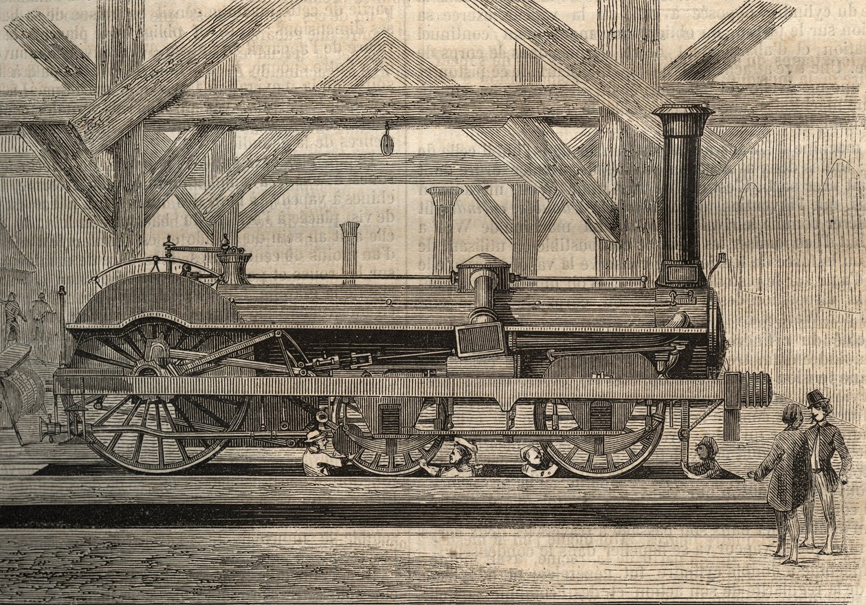 Gőzmozdony modell, Crampton rendszer, Thomas Russell Crampton (1816-1888). Metszet 1856-ból. alkotó: Unknown artist