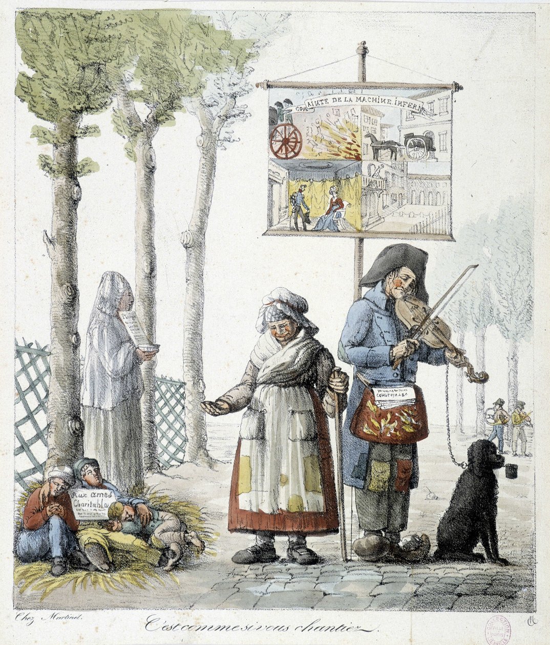 Utcazenészek, kolduló gyerekek – litográfia alkotó: Unknown artist