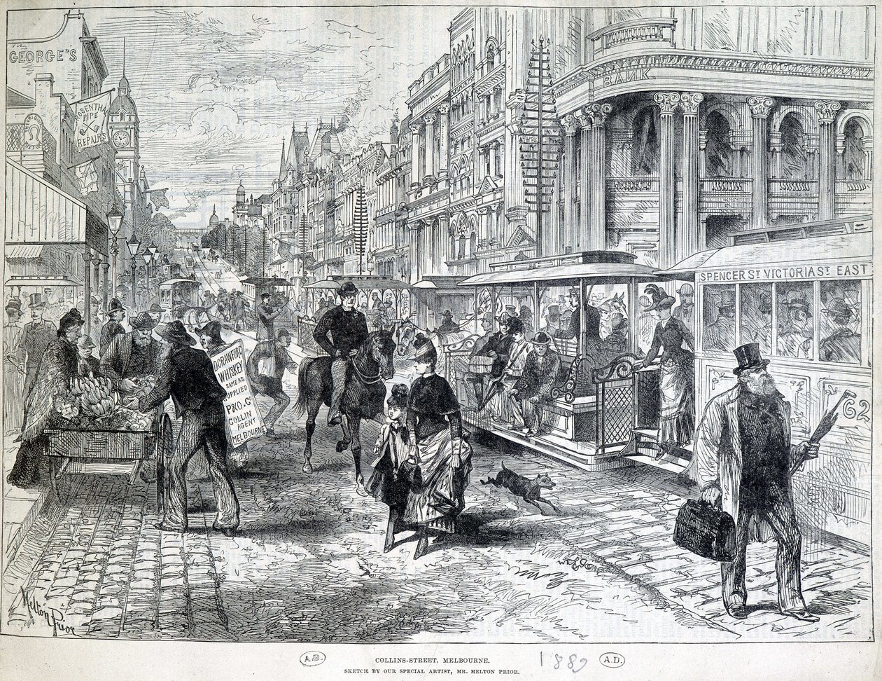 Utcai jelenetek, a Collins Street Melbourne-ben 1889-ben. alkotó: Unknown artist