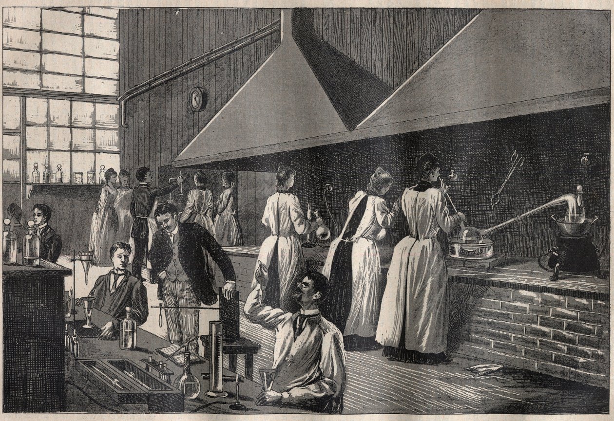 Diákok és professzorok a párizsi Conservatoire des Arts et Metiers (Arts-et-Metiers) gyakorlati laboratóriumában alkotó: Unknown artist