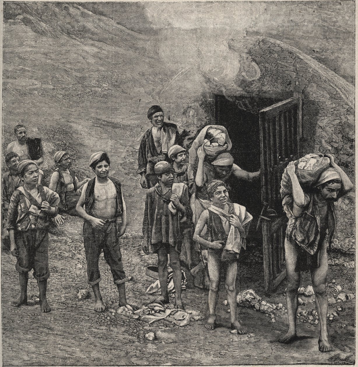 Kénbányászat (Zolfara) Szicíliában, rajz alkotó: Unknown artist