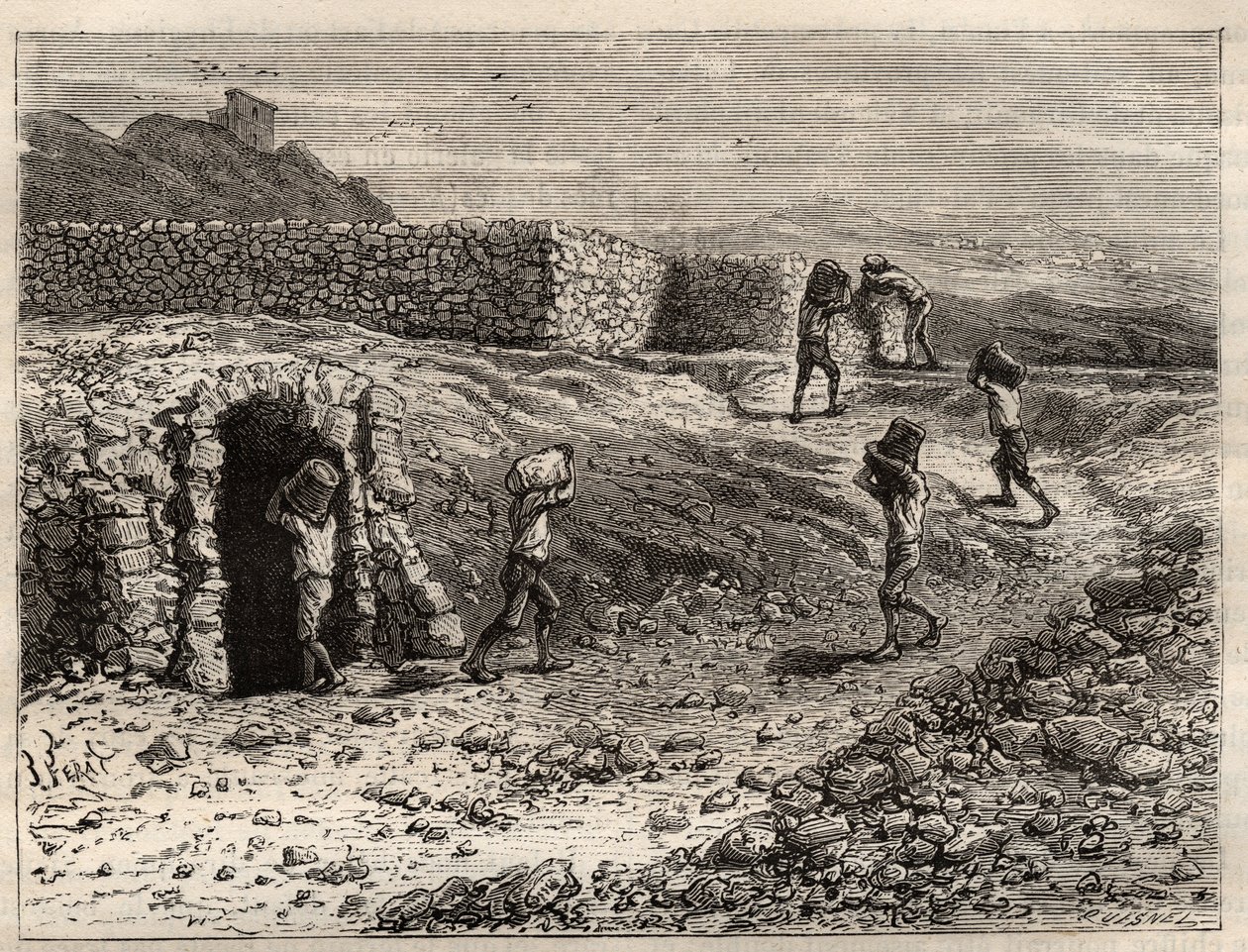 Kén – kénbánya Girgentiben, Szicíliában – Louis Figuier vésése a „Les Merveilles de l
