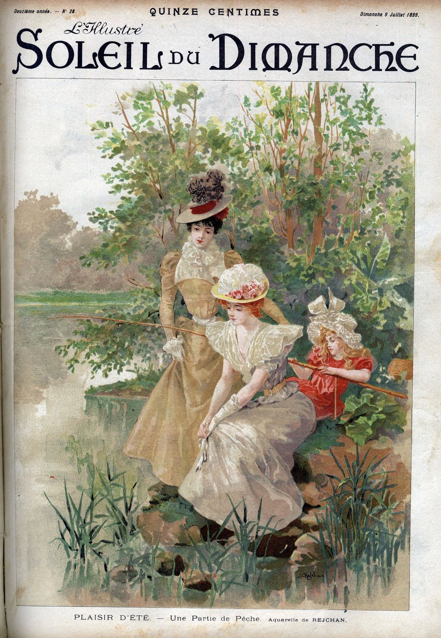 Nyári szórakozás: nők horgásznak. Metszet a „Le sun-du-dimanche”-ban, július 9 alkotó: Unknown artist