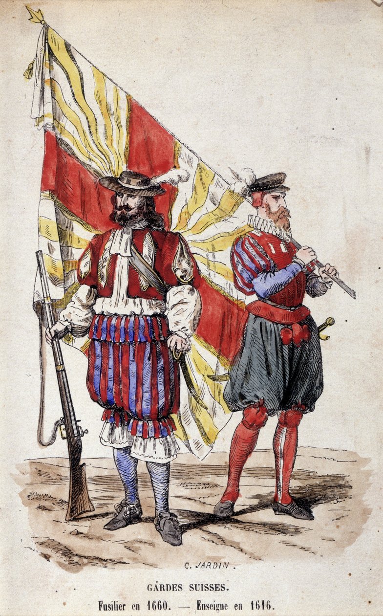 Svájci gárda: Fusilier 1660-ban és zászlós 1616-ban. alkotó: Unknown artist