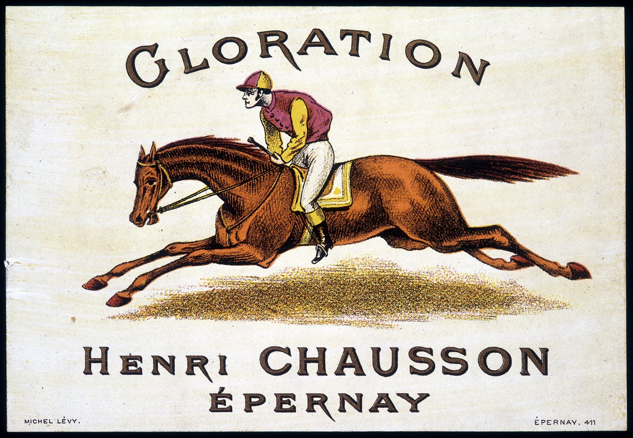 „” Glorination Henri Chausson Epernay” címke: lovaglás, sd. 19. század. alkotó: Unknown artist