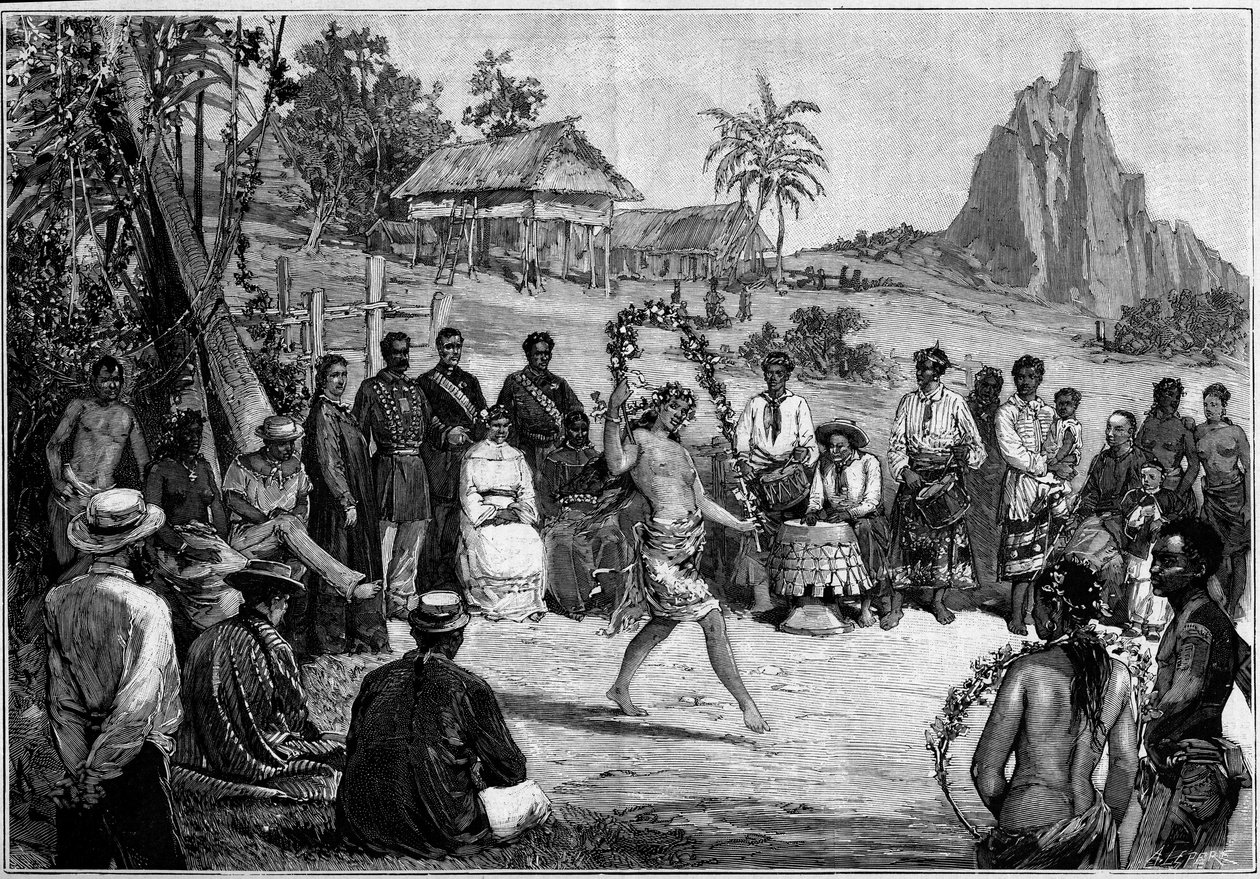 Tahiti: Thai táncok Papeete-ben, V. Pomare király udvara előtt alkotó: Unknown artist