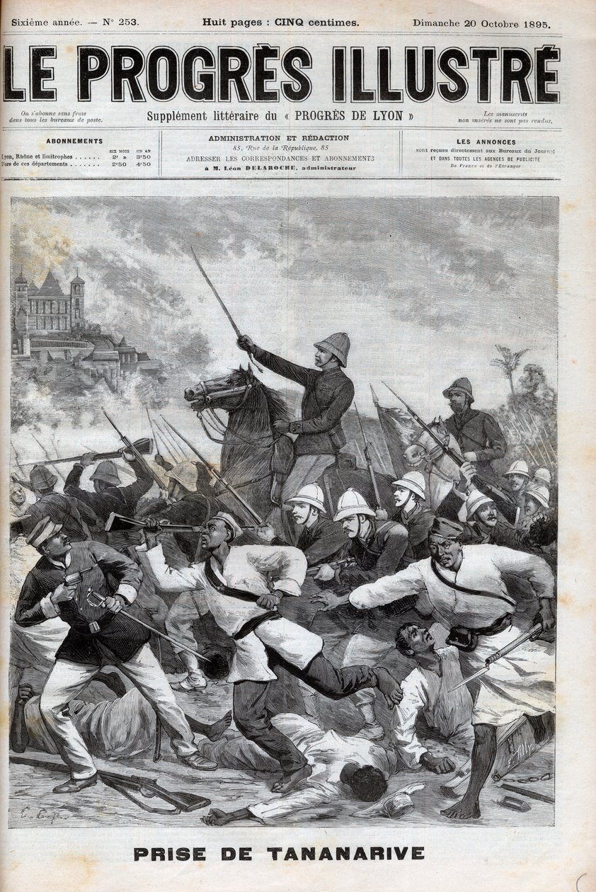 Antananarivo elfoglalása – A francia hadsereg megszállta Antananarivót 1895 – Conquete de Madagascar. - Tananarive elfoglalása a francia expedíciós erők által 1895. szeptember 30-án - "" Le Progres illustrious"-ba vésve, 1895. alkotó: Unknown artist