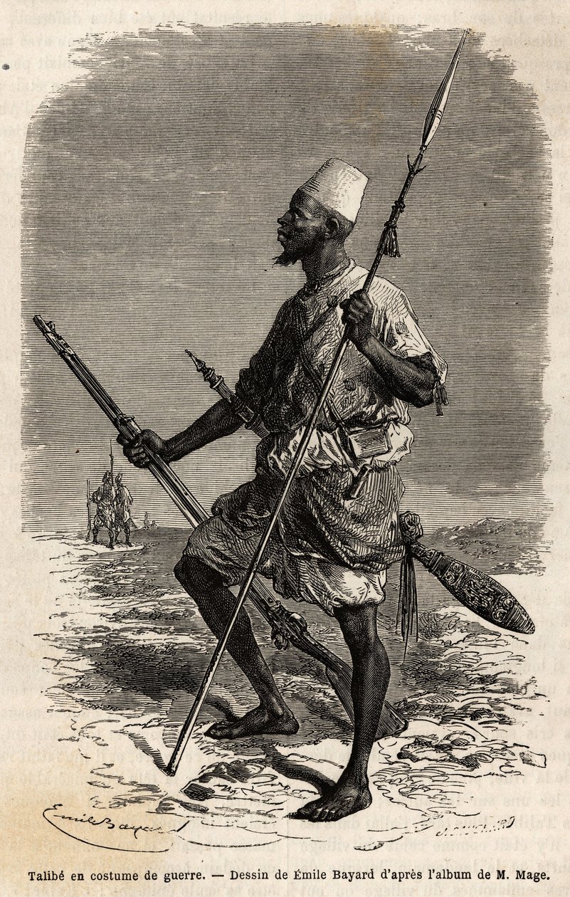 Talibe (fiatal diák, aki a Koránt tanulja) Ahmadu (Toucouleur) király seregéből, háborús öltönyben. Metszet M. Mage hadnagy nyugat-szudáni utazásának illusztrálására, 1863-1866-ban, megjelent a „Le tour du monde, nouveau journal des voyage” alkotó: Unknown artist