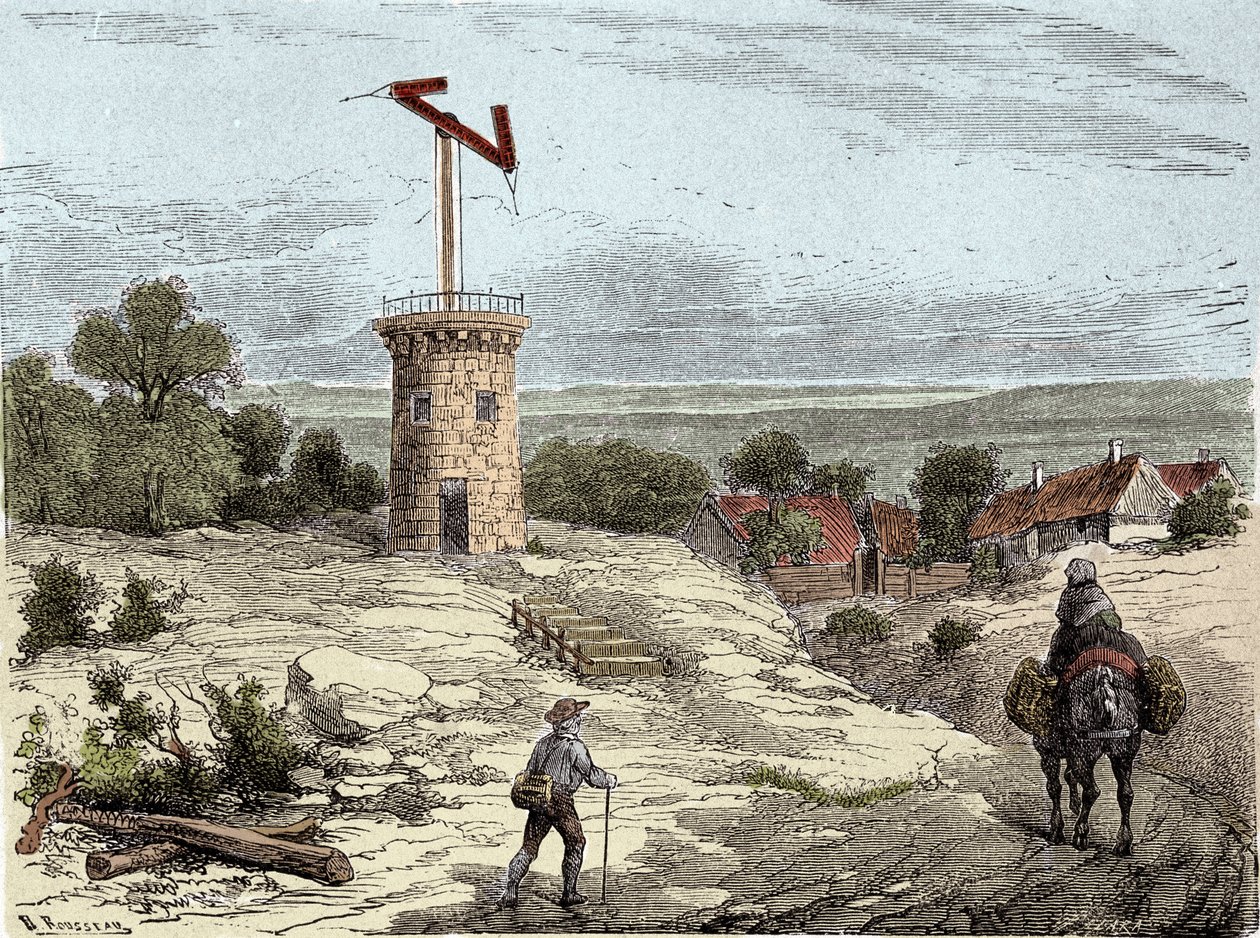 Telegraph: Claude Chappe (1765-1805) távírója 1794 körül - Metszet alkotó: Unknown artist