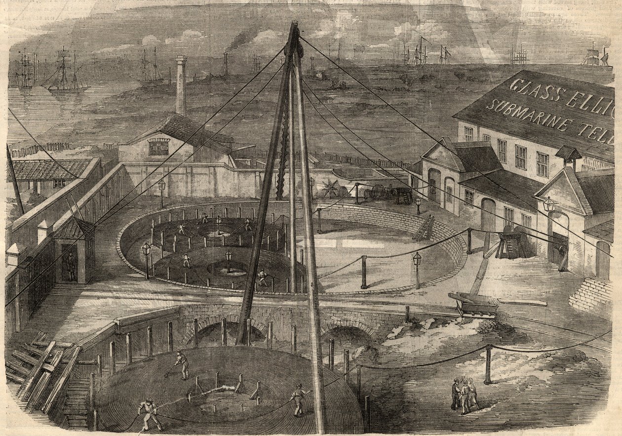 Távírás: A kelet-greenwichi (Anglia) Elliot and Company Glass gyárában gyártott transzatlanti kábel készen áll a szállításra. Gravírozás a március 14-i „” The Illustrated London News”-ba alkotó: Unknown artist