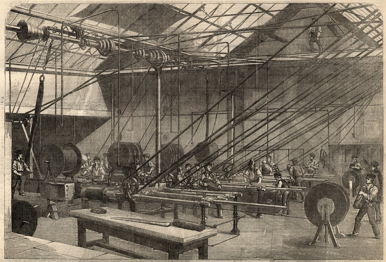 Távírás: transzatlanti kábel gyártása. Guttapercha kábel bevonó gépei a Glass, Elliot and Company Wharf Road-i gyárában Londonban, Angliában. Gravírozás a március 14-i „” The Illustrated London News”-ba alkotó: Unknown artist