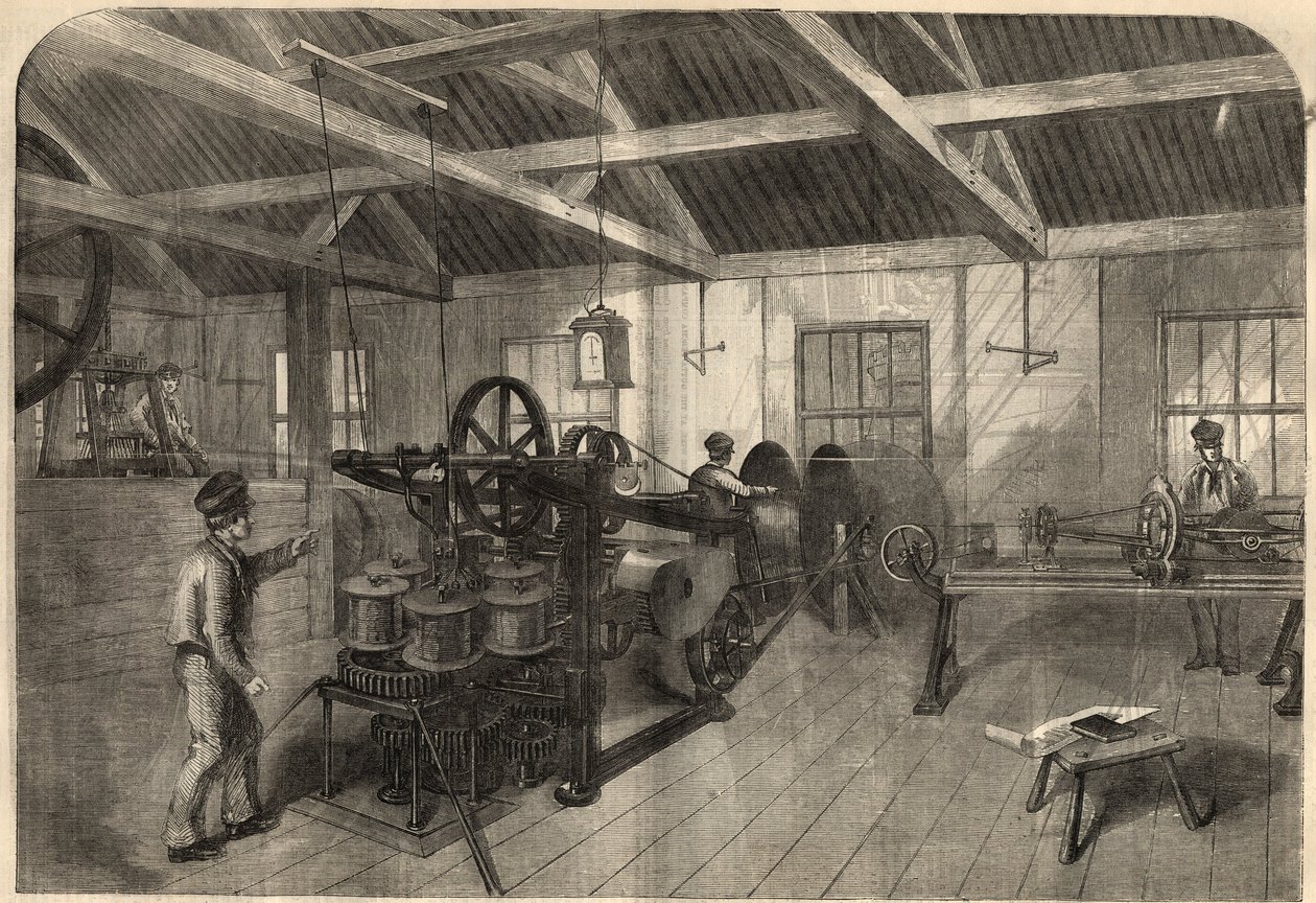 Távírás: transzatlanti kábel gyártása a Glass, Elliot and Company East Greenwich-i (Anglia) üzemben. Gravírozás a március 14-i „” The Illustrated London News”-ba alkotó: Unknown artist