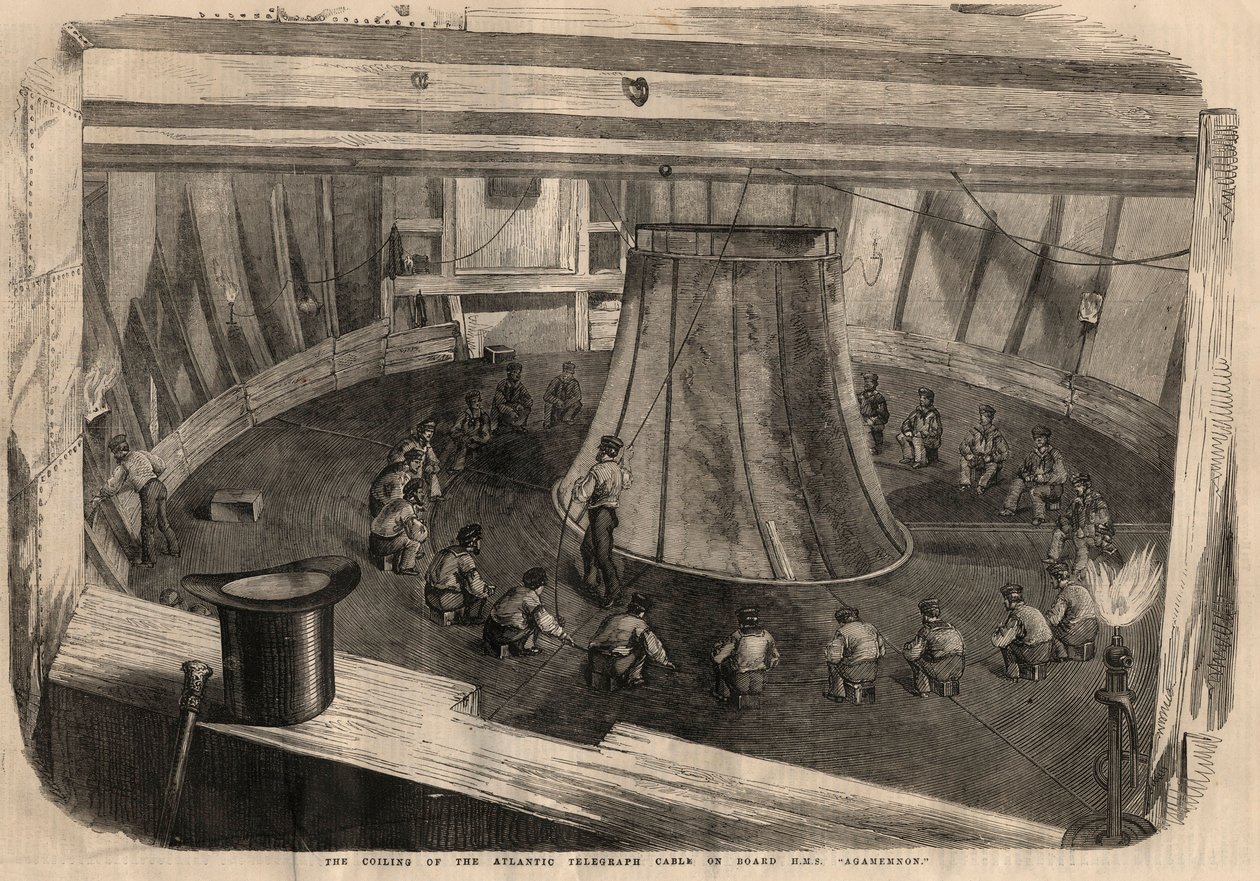 Távírás: a transzatlanti kábel tekercselése a H.M.S. hajó fedélzetén. ""Agamemnon""". Gravírozás az augusztus 1-i „” The illusztrált London News”-ban alkotó: Unknown artist