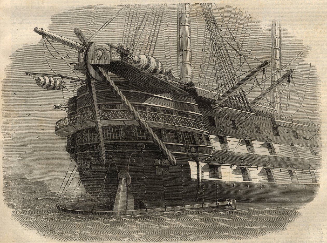 Távírás: a H.M.S. hajó farának képe. „Agamemnon””, amely az első transzatlanti kábelt fogja lefektetni. Gravírozás a június 5-i „” The Illustrated London News”-ban alkotó: Unknown artist