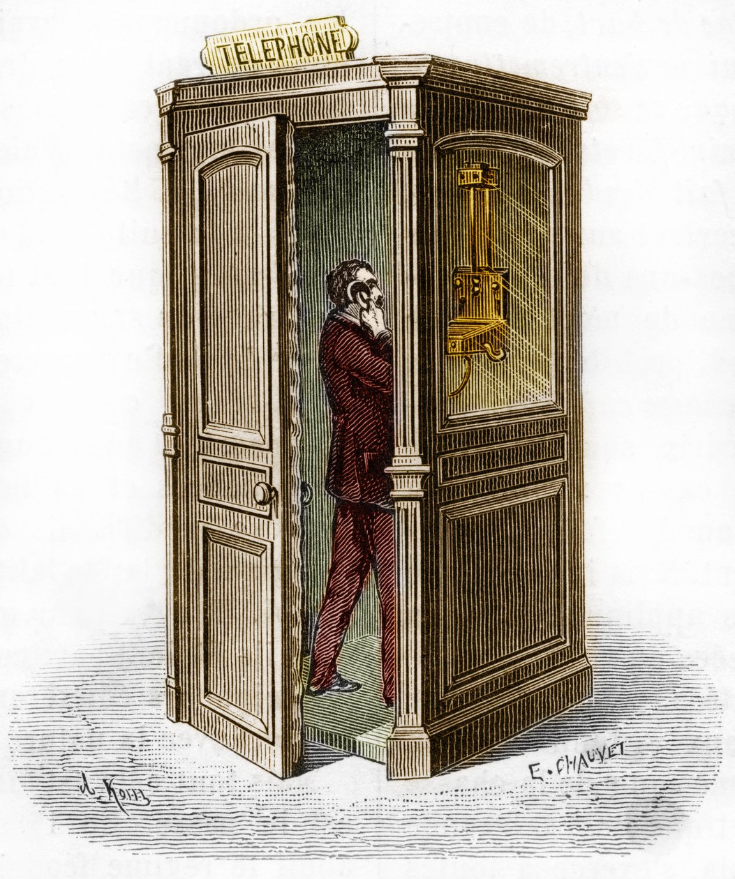 Telefonfülke 1888-ban. Metszet a „The Journal of Youth”-ban alkotó: Unknown artist
