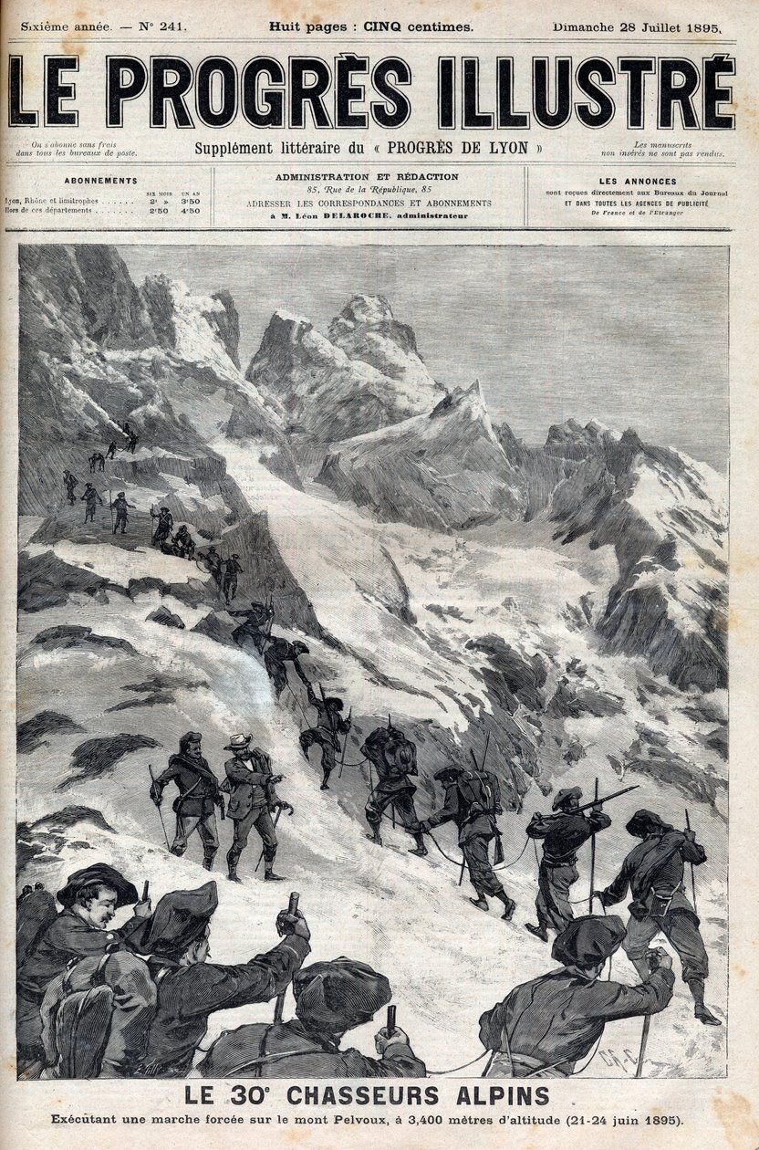 A 30. alpesi vadászok erőltetett menetet hajtanak végre a Pelvoux-hegyen 3400 méteres magasságban 1895. június 21-24-én - metszet az 1895-ös „Le Progres illustrious”-ba alkotó: Unknown artist