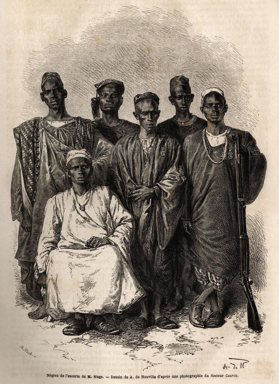 Mage afrikai kísérete, a hajó hadnagya Nigerbe küldetett. Metszet Mágus hadnagy 1863 és 1866 közötti nyugat-szudáni útjának történetének illusztrálására, megjelent a „Le tour du monde, nouveau Journal des voyages” című folyóiratban, szerkesztette E. alkotó: Unknown artist