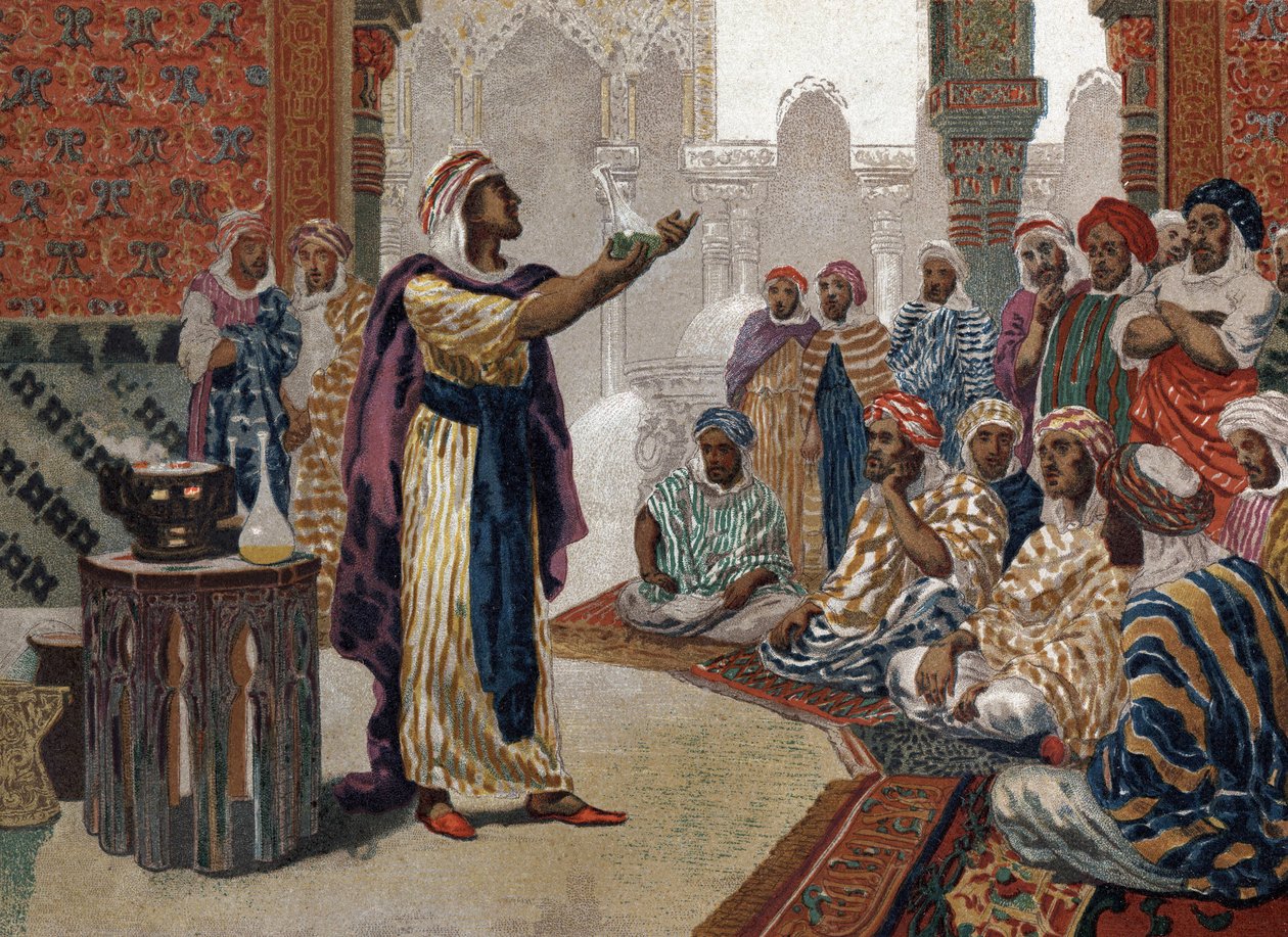 Az arab alkimista Geber (Jâbir ibn Hayyan) (v721-v815), a kémiát. Barcelona 1881 alkotó: Unknown artist
