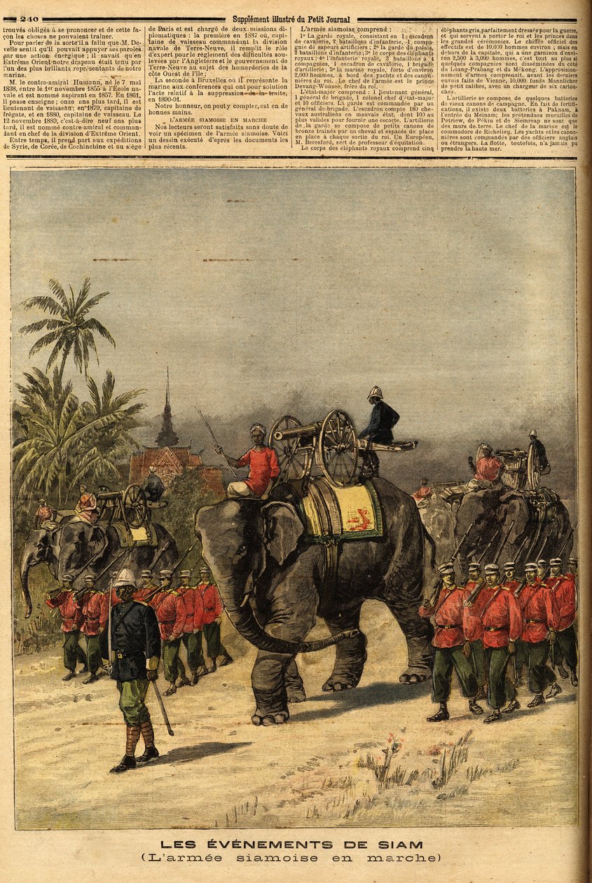 Sziámi hadsereg (Thaiföld). Metszet a „” A kis naplóban”” 1893.07.29. Selva gyűjteménye. alkotó: Unknown artist