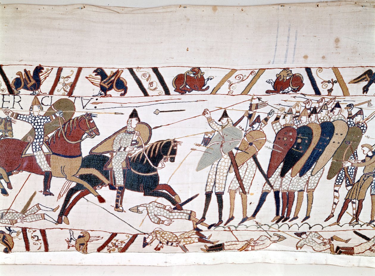 A hastingsi csata, amelyet I. Hódító Vilmos (1027-1087) nyert meg 1066.10.14-én, és amely során II. Harold angol király meghalt (1022-1066). Bayeux gobelin, Mathilde királynő hímzéseként ismert alkotó: Unknown artist