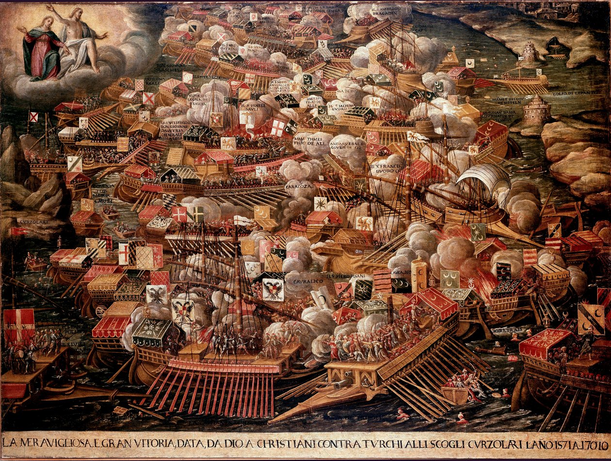 A Görögország partjainál zajló lepantei csata 1571-ben a spanyol, velencei és pápai erőket állította szembe az oszmánokkal. Névtelen festmény. 16. század. Velencei Museo Correr alkotó: Unknown artist