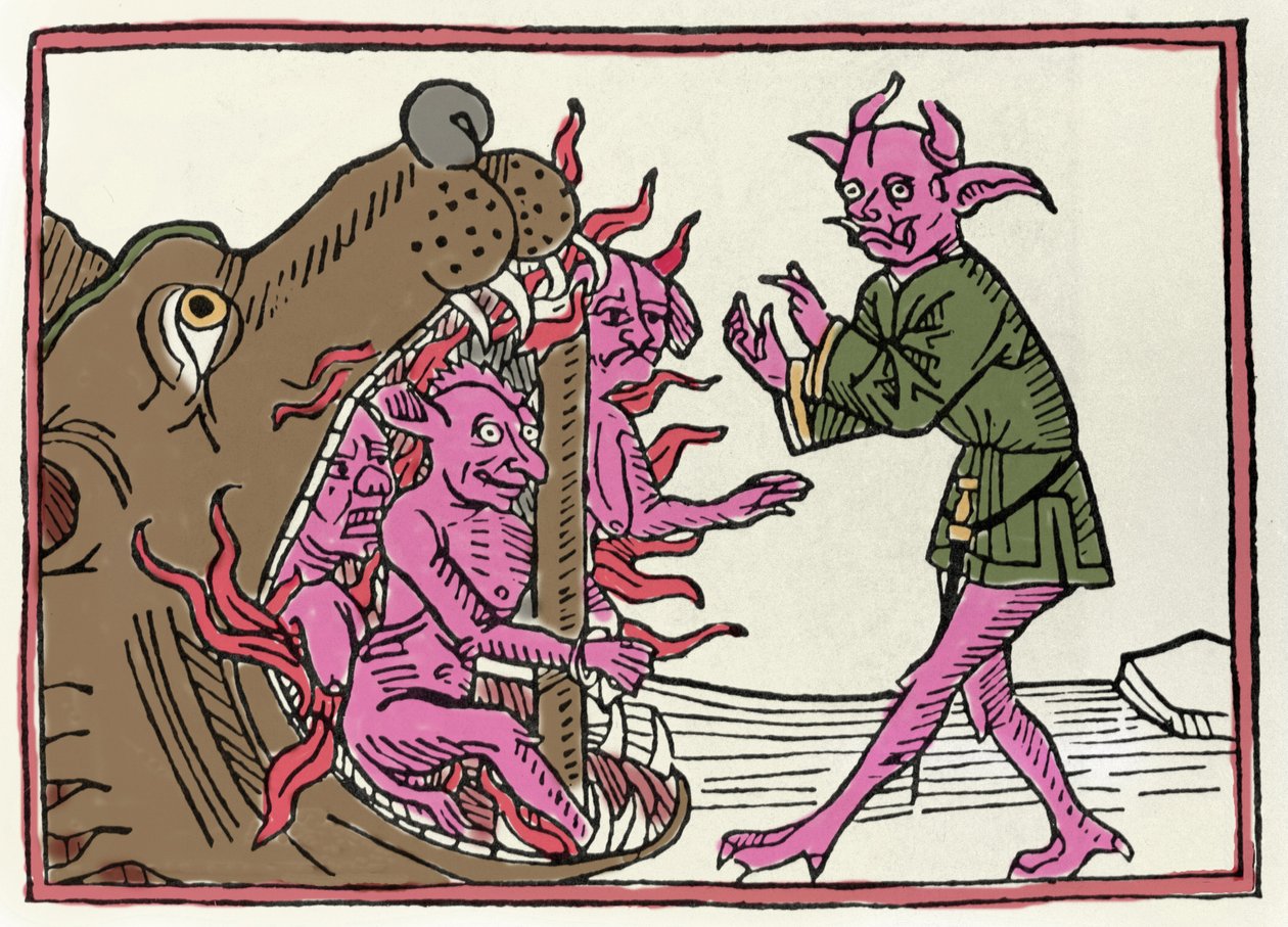 A Belial-folyamat: „A Belial démon visszatér az alvilág bejáratához” Metszet Jacobus de Teramo (vagy Palladino) „The Belial Process” című művéből, Ausburg alkotó: Unknown artist
