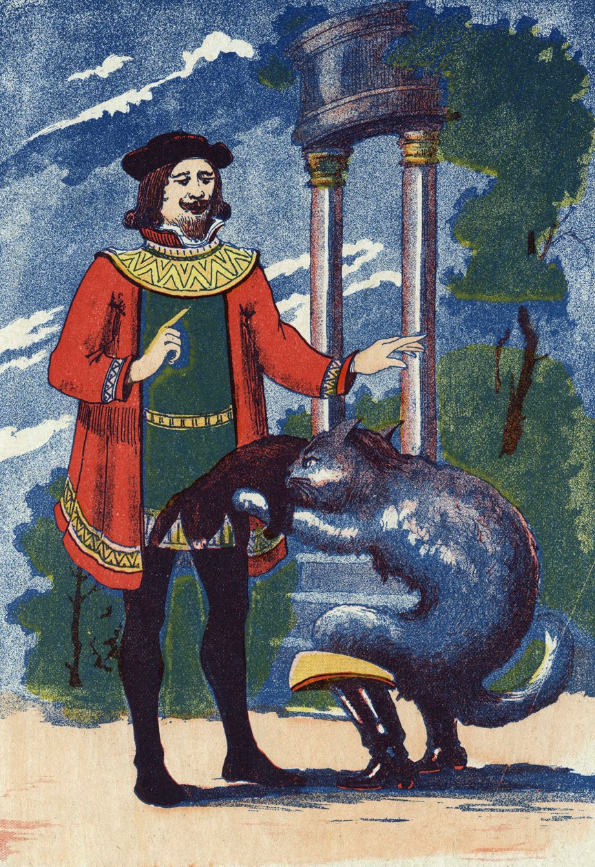 A Csizmacska nyulat kínál a királynak. Illusztráció: Charles Perrault (1628-1703) francia író „Le chat Botte” című meséje. Névtelen illusztráció. Képek Marcel Vagne, Jarville Nancy, dátum nélküli (19. század vége). alkotó: Unknown artist