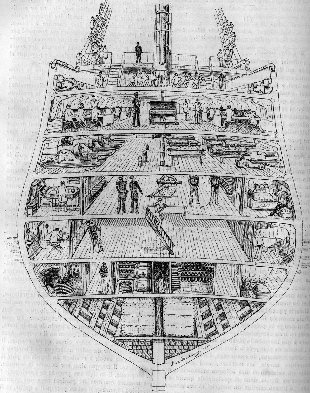 A „Borda”: a hajó keresztmetszete. M. L. de Saussure rajza. Metszet a „The Journal of Youth”-ban alkotó: Unknown artist