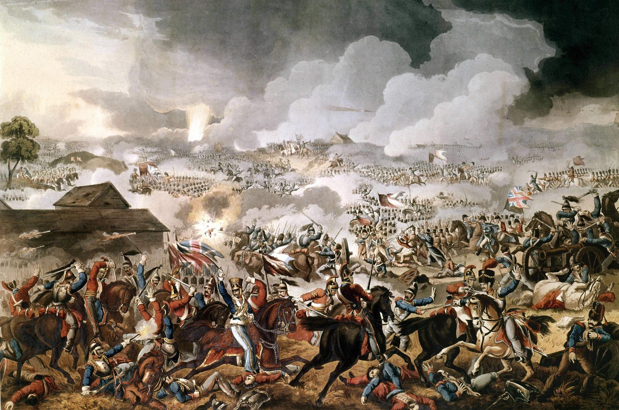 A Wellington hercege (1769-1852) vezette brit hadsereg 1815. június 18-án megnyerte a waterlooi csatát I. Napóleon francia csapatai ellen. A korszak metszete. alkotó: Unknown artist