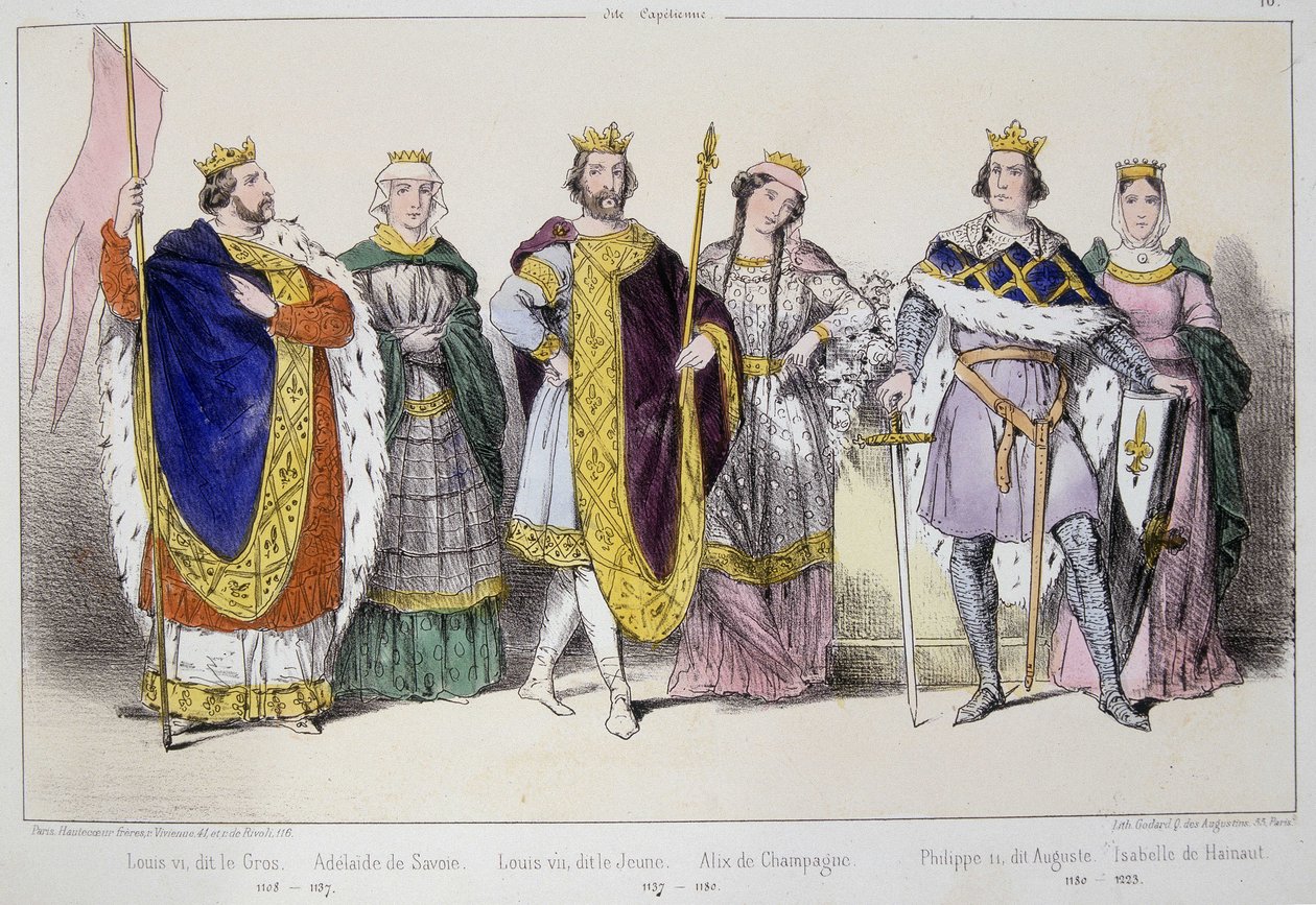 A Capetians. Balról jobbra: VI. Lajos azt mondja, hogy a Gros (1081 - 1137), Adelaide vagy Savoyai Alix (? -1154), VII. Lajos szerint a fiatalabb (1120 - 1180), Alix Champagne (1140-1206), II. Fülöp Augustus (1165-1223) és Hainaut-i Izabella (1170-1190). alkotó: Unknown artist
