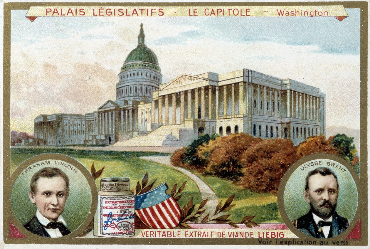A Capitol, Amerikai Kongresszusi Palota, Washington (USA), Abraham Lincoln (1809-1865) és Ulysses Grant (1822-1885) portréival – Liebig kromolitográfiája alkotó: Unknown artist