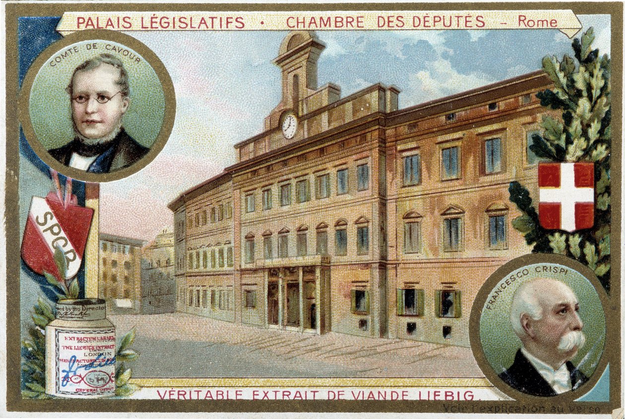A képviselőház Rómában (Olaszország), gróf Camillo Benso de Cavour (1810-1861) és Francesco Crispi (1819-1901) portréival - Liebig kromolitográfia alkotó: Unknown artist