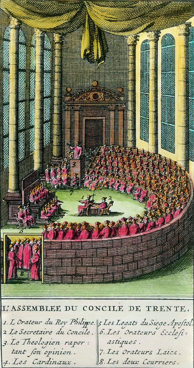A tridenti zsinat. Illusztráció a közgyűlésen jelenlévő tagok leírásával. A tridenti zsinatot III. Pál pápa (a római katolikus egyház képviselője) hívta össze 1545-ben Luther Márton kérésére. alkotó: Unknown artist