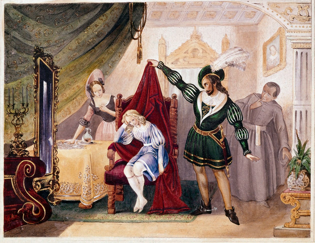 A gróf előrelépett Suzanne-hoz, miközben Cherubin a széken volt elrejtve, Mozart Figaro esküvőjéből (metszet) alkotó: Unknown artist