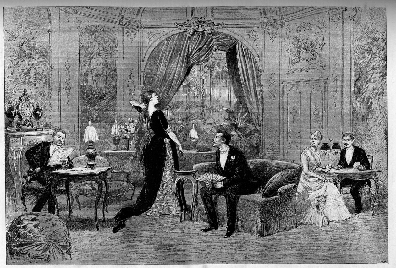 Riverolles grófja, Francine, Stanislas de Grandredon, Therese Smith és Henri de Simeux, a „Francillon” című darab szereplői, Alexandre Dumas (1824-1895) vígjátéka a párizsi Comedie-Francaise-ban (1887). Metszet a „” Le monde illustriou”-ban alkotó: Unknown artist