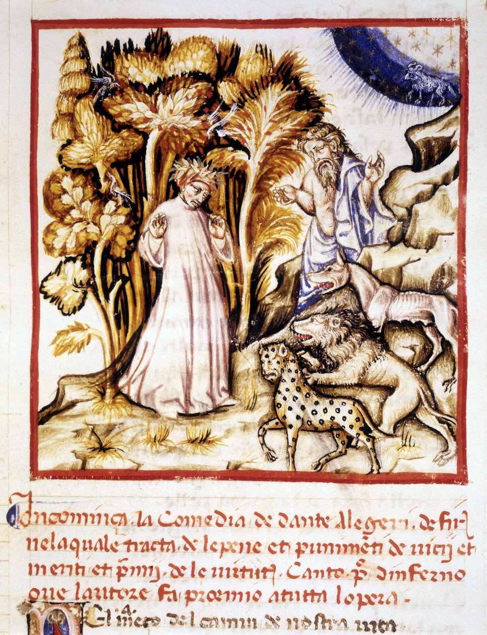 Dante Alighieri isteni színjátéka. Dantét, Vergiliust és a három fenevadat ábrázoló miniatűr. 14. századi kézirat. Városi Bibl. Riminiből. alkotó: Unknown artist