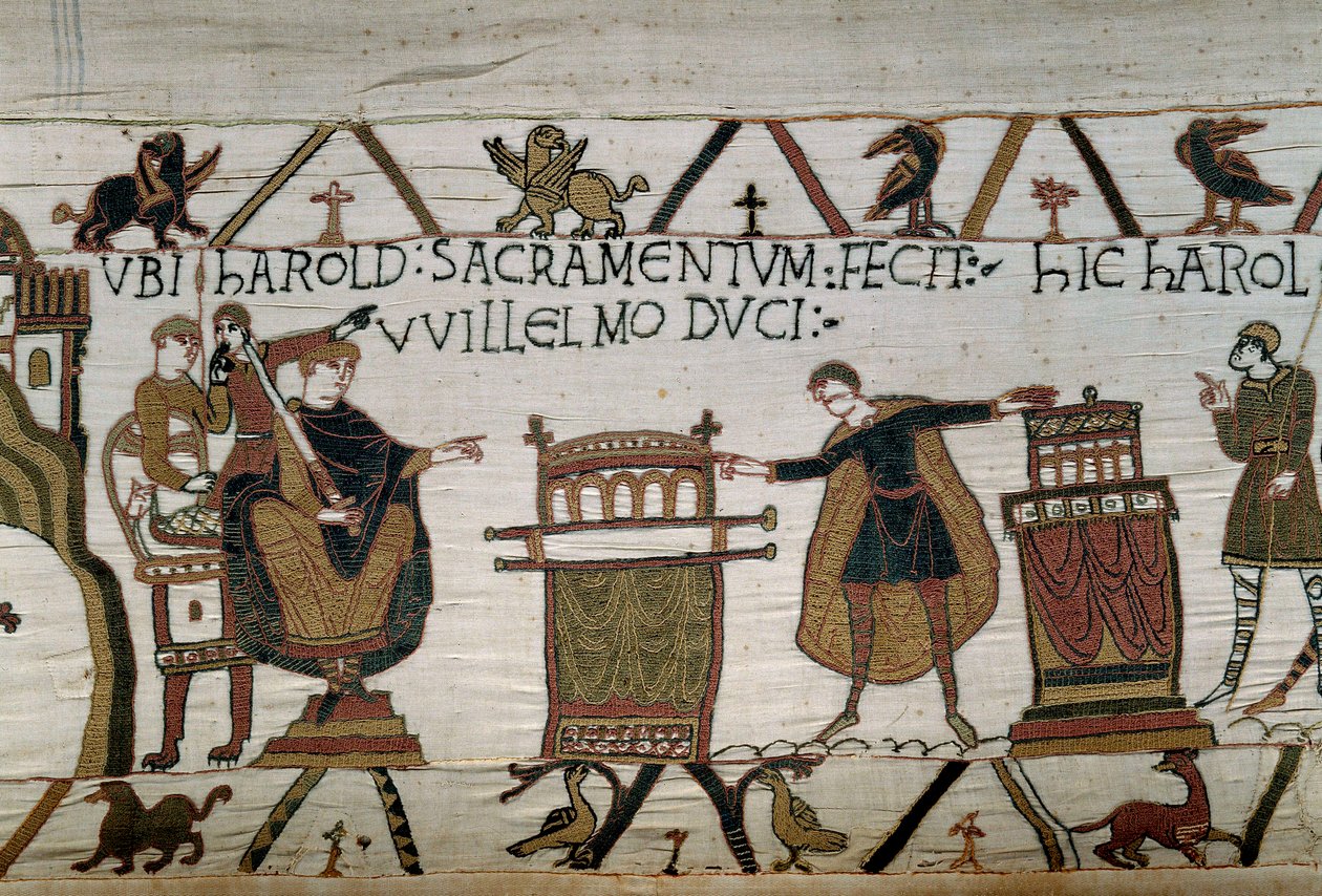 Normandia hercege, a Hódító Guillaume (1027-1087) Harold lovagot készített, aki hűségesküt tett két ereklyetartón, a Bayeux-i kárpit vagy Mathilde királynő hímzéseinek részlete alkotó: Unknown artist