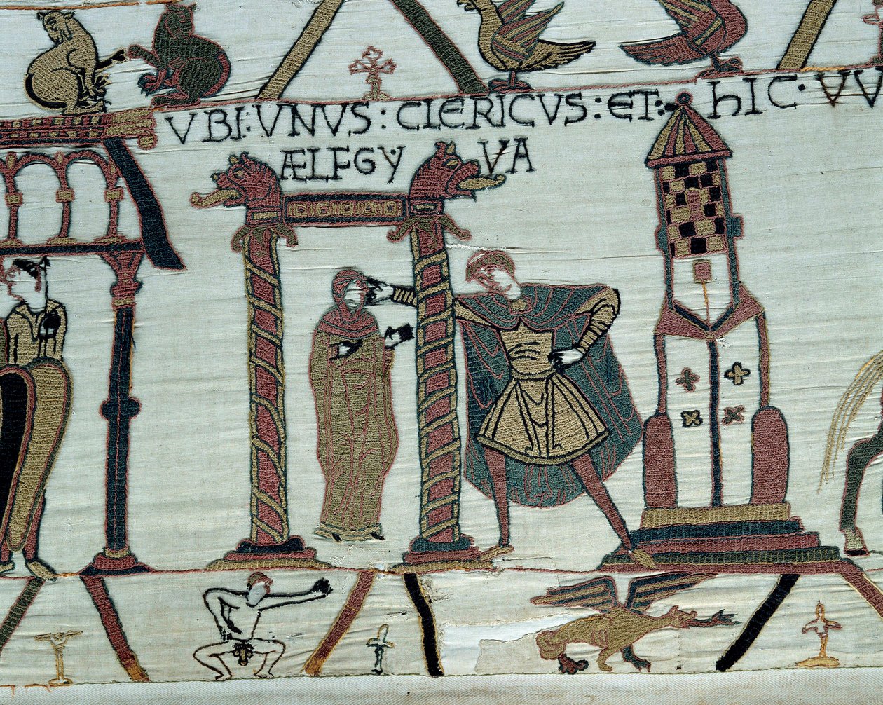 Normandia hercege, Hódító Vilmos (1027-1087) lányát, Aelfgyvét Haroldnak ígéri feleségül Balra lent, meztelen férfi ábrázolása. Részlet a Bayeux-i kárpitról vagy Mathilde királynő hímzéséről alkotó: Unknown artist