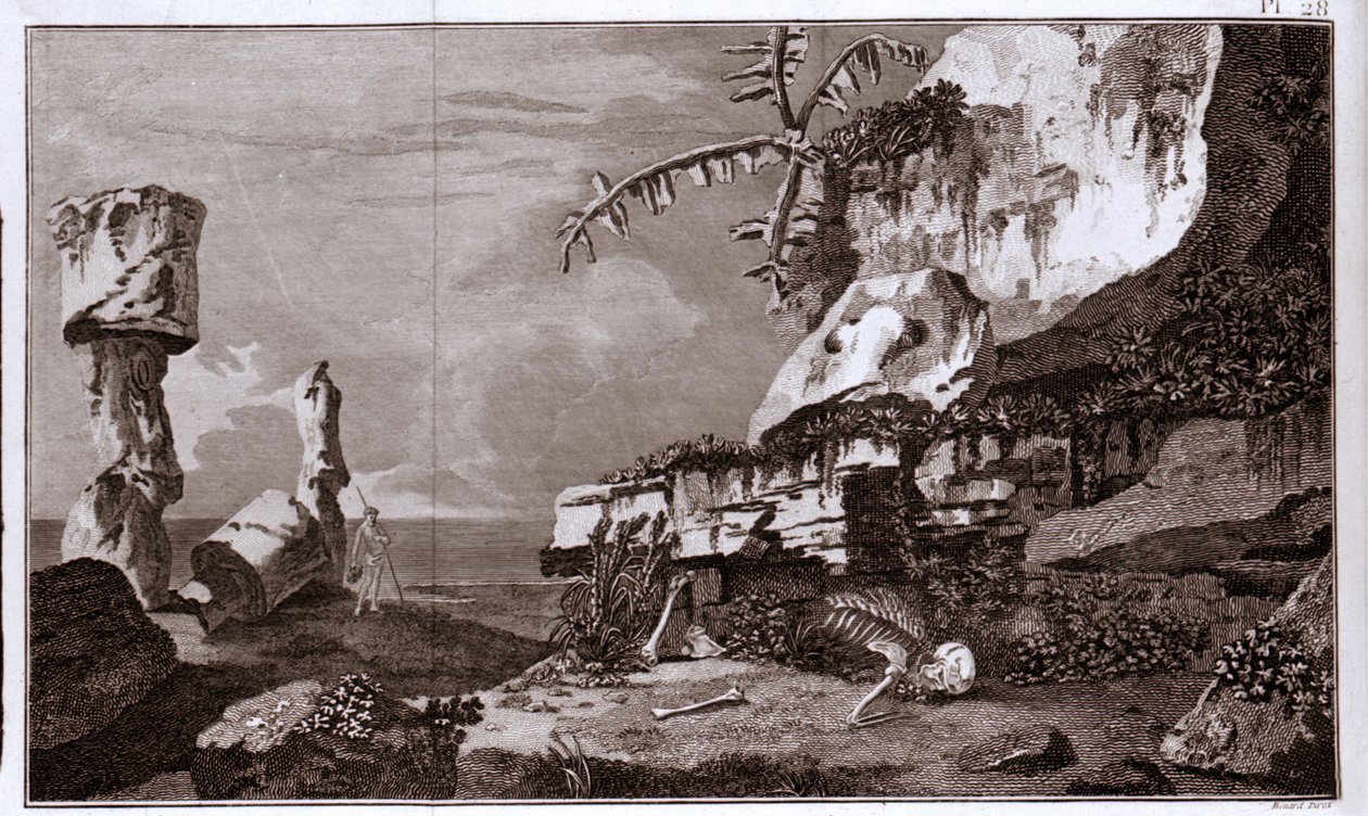 A Húsvét-sziget (Rapa Nui) Polinéziában a „Viaggi del Capitano Cook” után, XIX. századi metszet. alkotó: Unknown artist