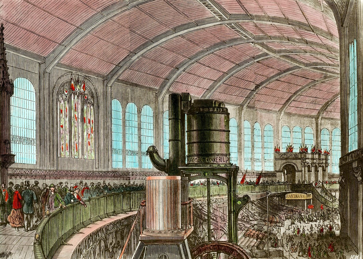 Az Eiffel Gépgaléria az 1867-es egyetemes kiállításon, metszet a 19. századról alkotó: Unknown artist