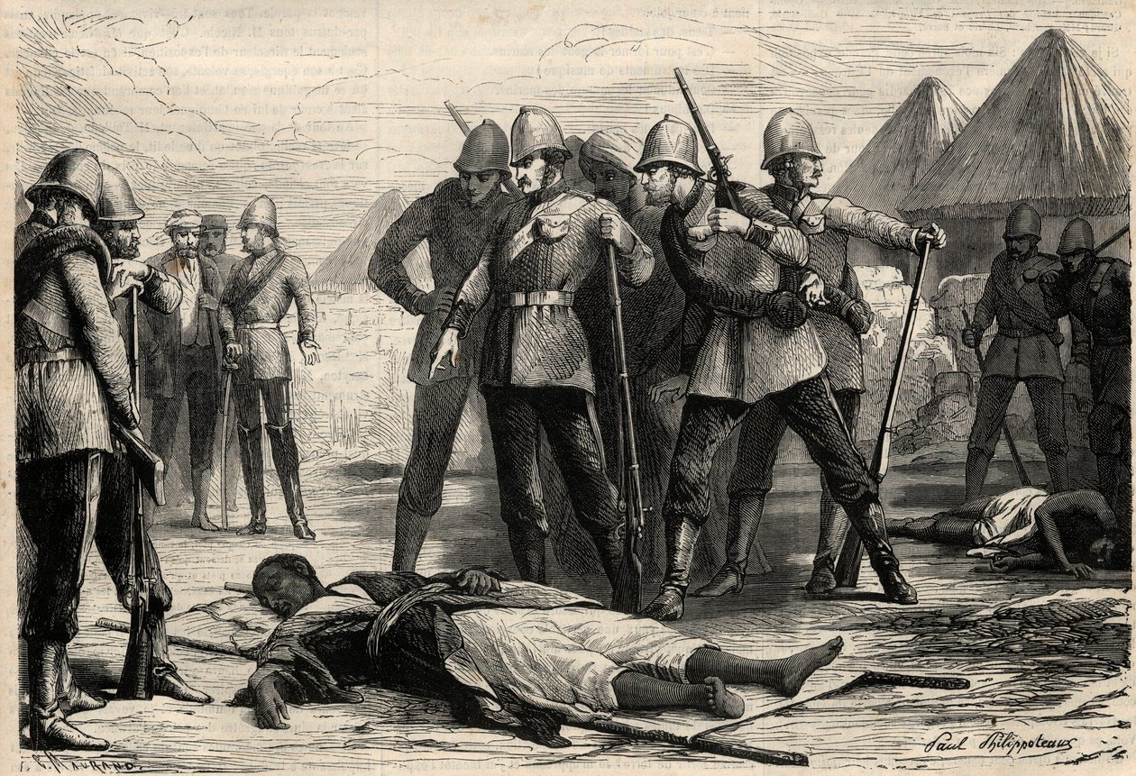 Etiópia császára (négus) II. Theodoros (Tewodros) 1868. április 13-án halt meg, miután az angolok elfoglalták Magdalát, ahová a negusok visszavonultak. Metszet a „L