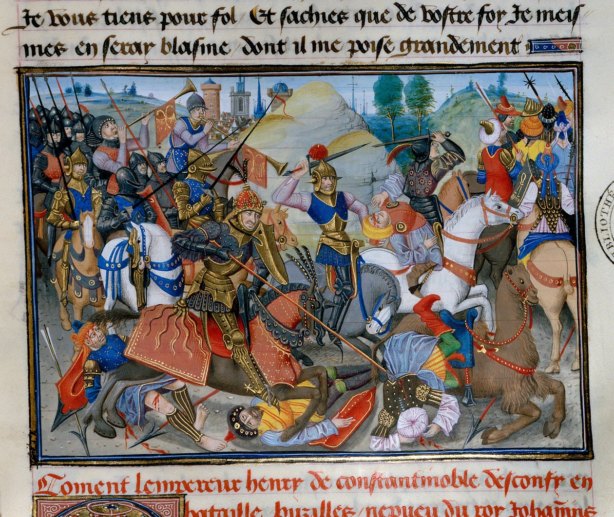 I. Henrik konstantinápolyi császár, Flandria Hainaut (1177-1216) csata közben. Miniatűr David Aubert „” Chronicle abregee”-ből alkotó: Unknown artist