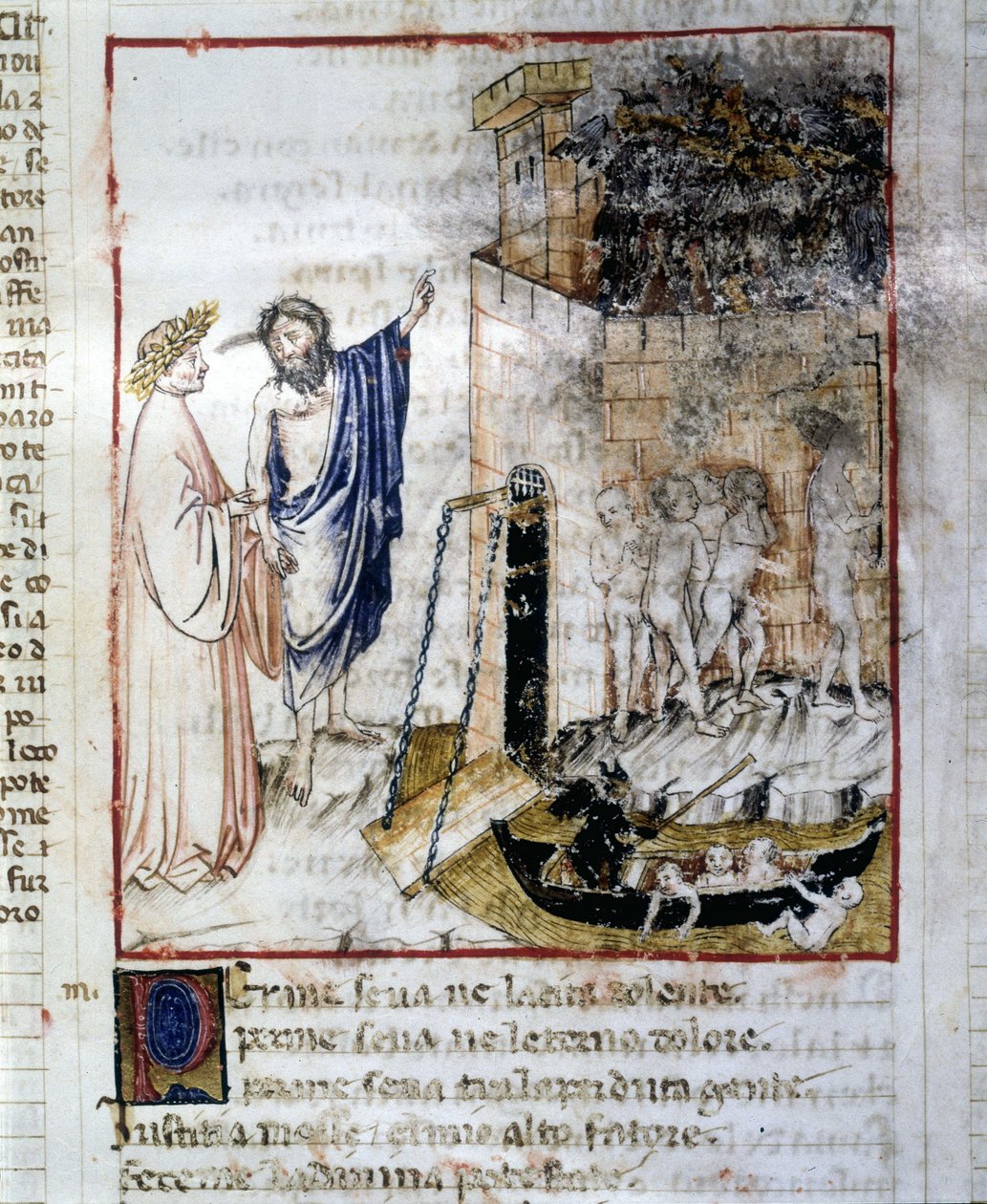 Az alvilág bejárata – Dante Alighieri „Isteni színjátékában”, egy 14. századi kézirat miniatűrje, Bibl. Rimini önkormányzata. alkotó: Unknown artist