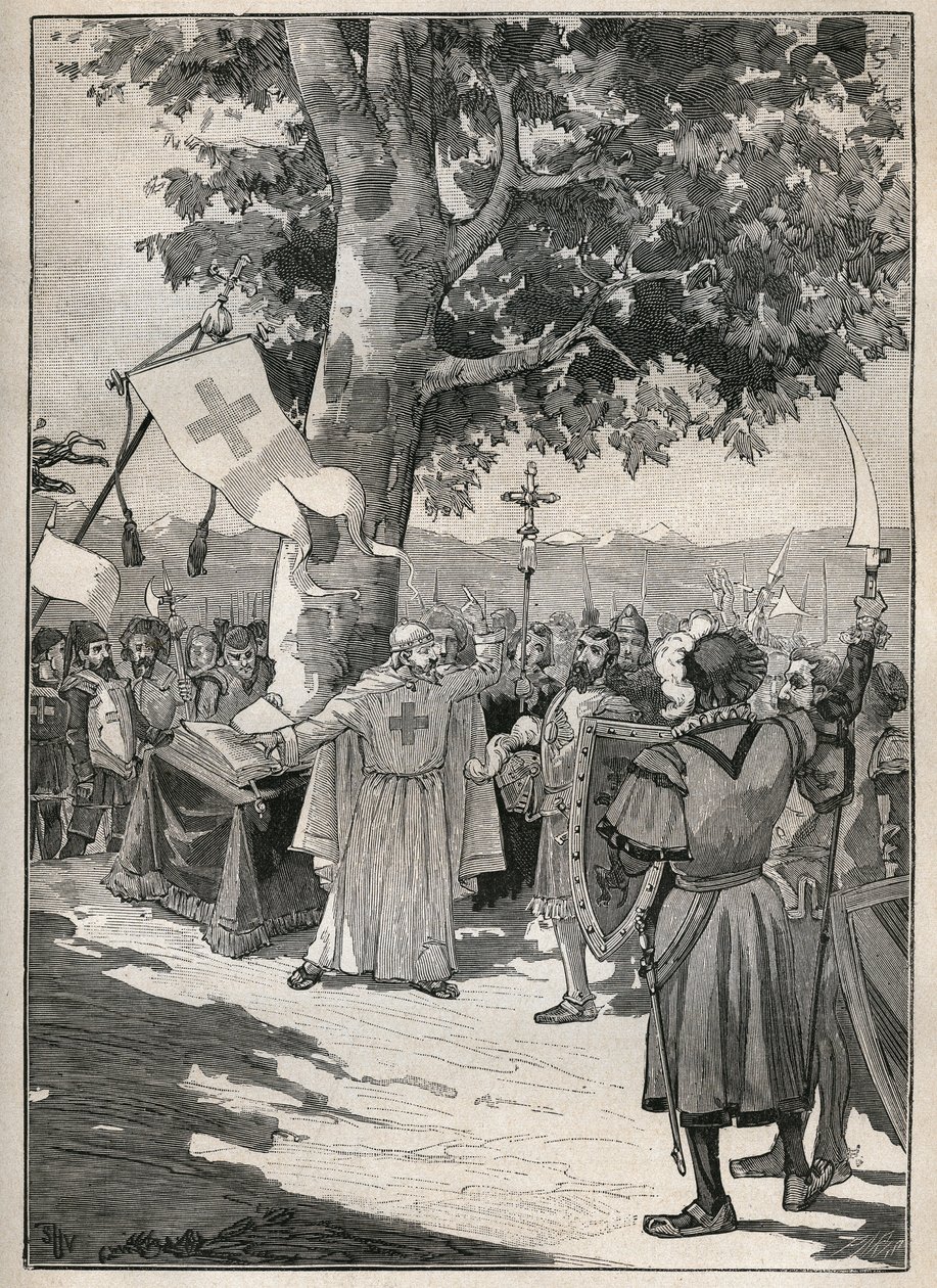 A svájci Tons Erable, amelynek lábánál Dissentis apátja, Szászország és Werdenberg grófja, valamint Razuns bárója 1424-ben esküdött fel a helvét függetlenséget előkészítő Felső- vagy Graubündeni Ligára. Metszet 1885 in alkotó: Unknown artist