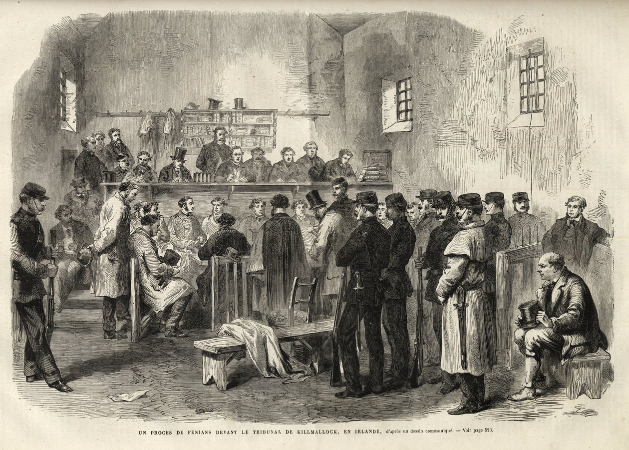 A feniai felkelés, Cleary úr elleni vizsgálat a kilmallocki bírósági épületben - 1867 - Feniánusok pere a Kilmallocki Bíróság előtt Írországban - 1867 - metszet a „The Illustrous Universe” 1867-ből alkotó: Unknown artist