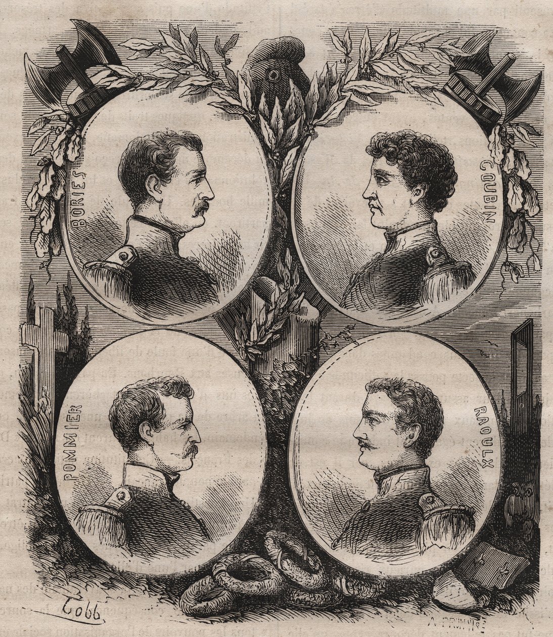 A La Rochelle-i négy őrmestert (Jean Francois Bories (1795-1822), Jean Joseph Pommier (1796-1822), Marius Claude Raoulx (1797-1822) és Charles Goubin (1798-1822) a restauráció alatt azzal vádolják, hogy meg akarják dönteni. a monarchia és a guillotine 1822 alkotó: Unknown artist
